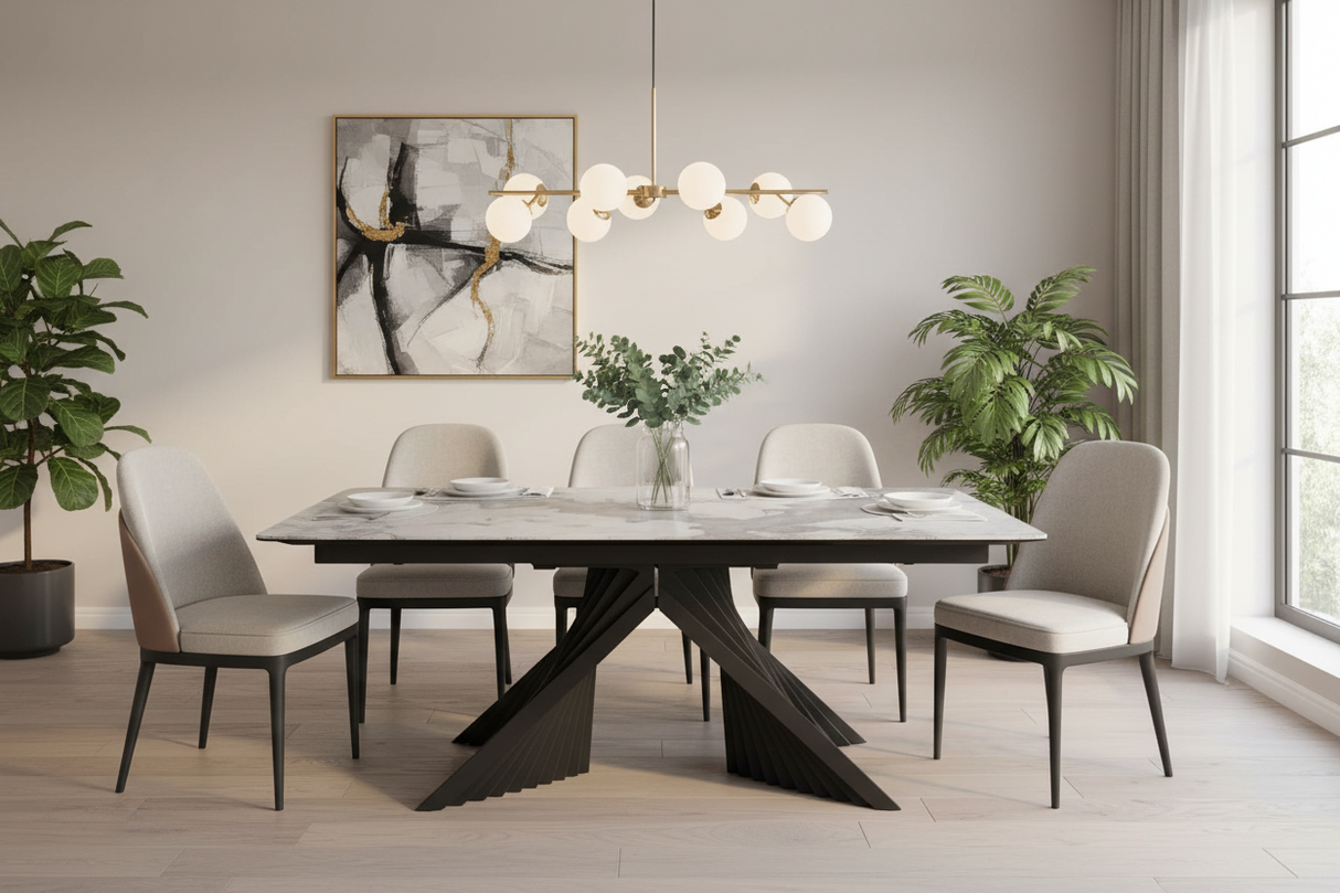 Table à manger extensible ceramique effet marbre gris blanc dans une salle a manger contemporaine