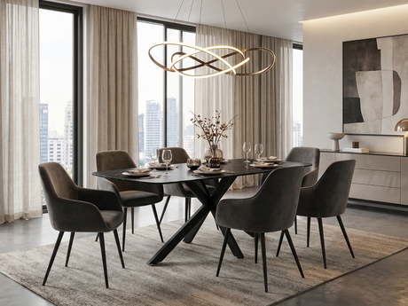 table de salle a manger en marbre noir céramique en ambiance avec 6 chaises en velours