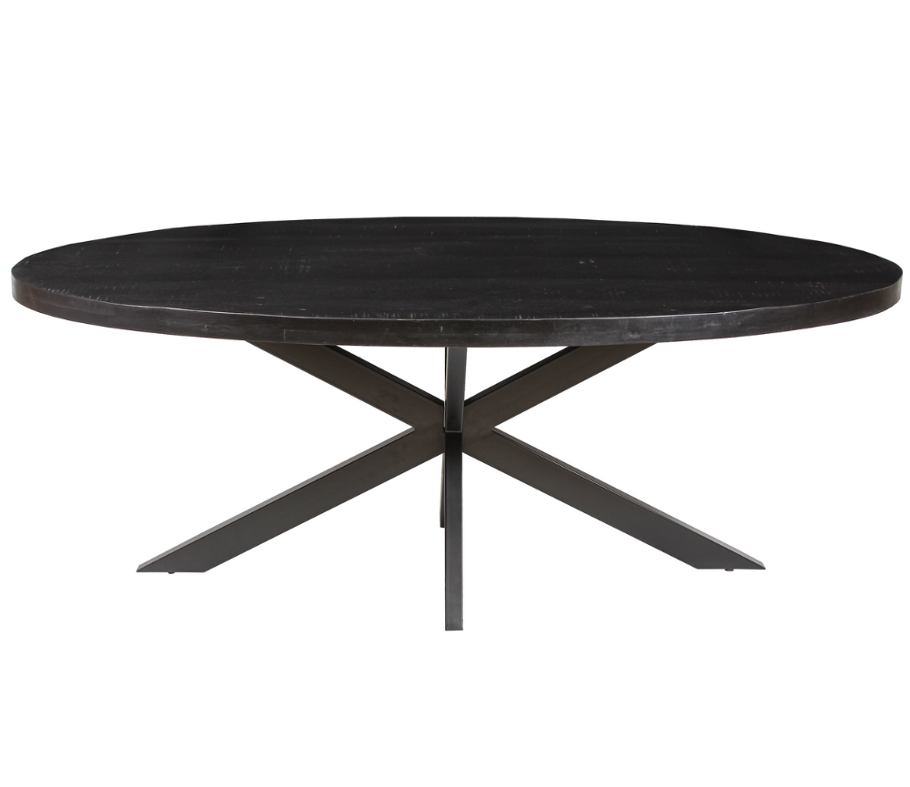Table ovale bois noir pieds central métal industrielle  - Alexan