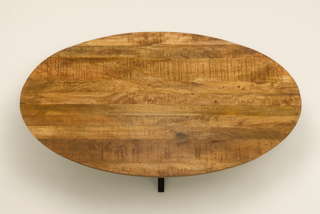 table ovale en bois massif pieds métal noir  vue de haut
