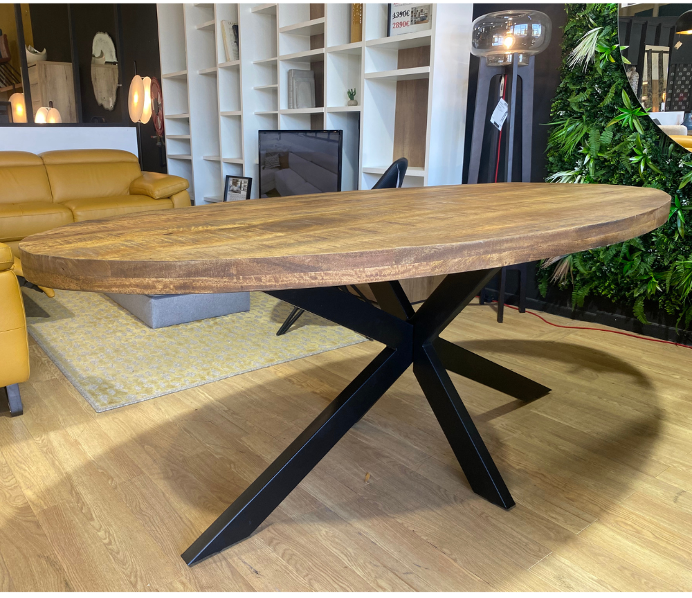 Table salle a manger ovale bois massif mangolia pieds central industrielle  - Alexan