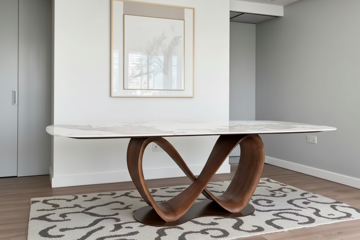 Lyra table céramique ovale – vue de face, piètement bois noyer et base métal - lievens - LYRA