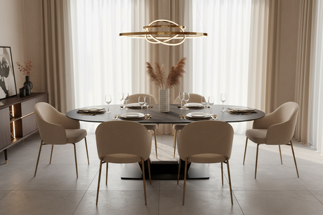 Table ovale extensible céramique marbre noir avec pied central en V dans salle à manger moderne
