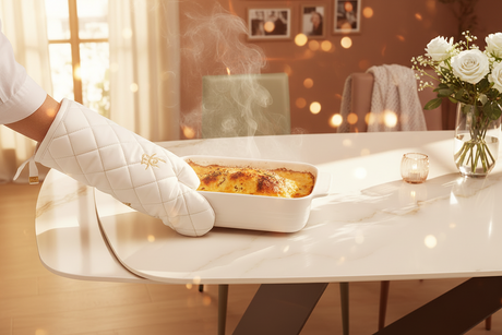 Gros plan émotionnel d'un plat chaud déposé sur la table en céramique