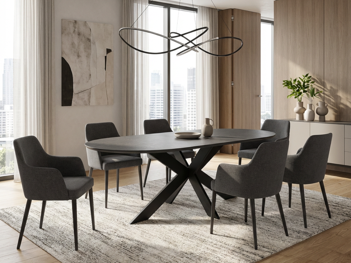 Table de salle à manger ovale Ophélie en céramique grise, design contemporain