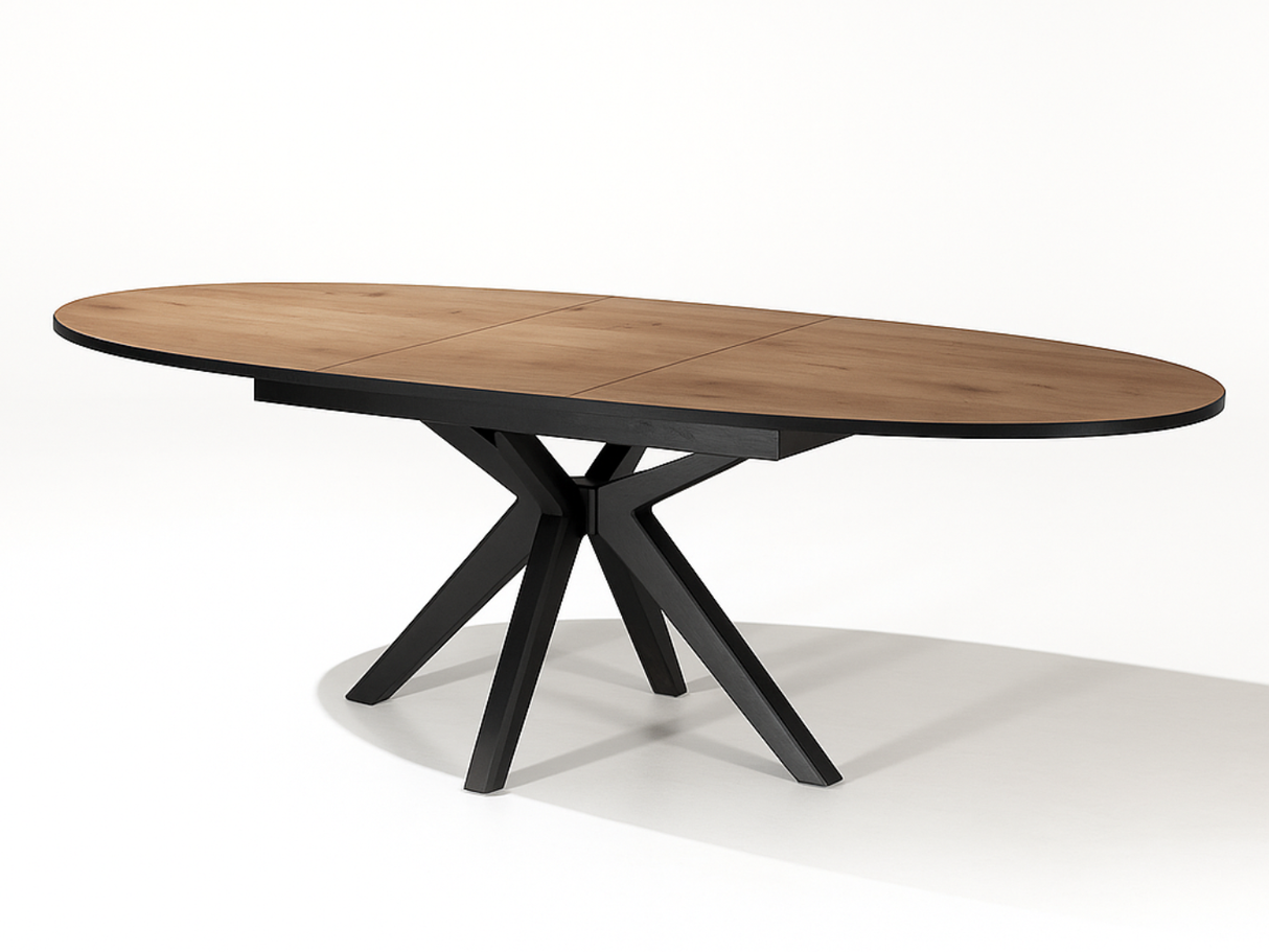 Table de salle à manger extensible Elvira – système d’allonge centrale – ouvert – bois naturel