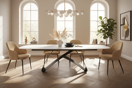 Table ovale extensible en marbre céramique dans une salle à manger contemporaine