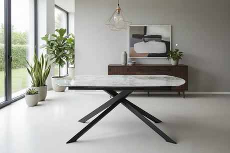 Table ovale marbre blanc forme exacte pieds X détaillés en situation