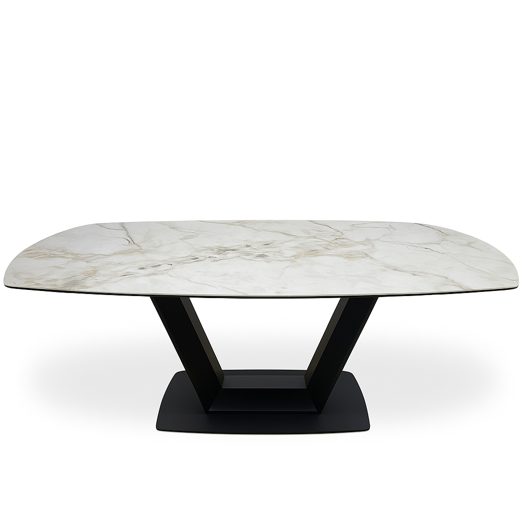 table ovale extensible sur un fond blanc pieds en métal noir centrale