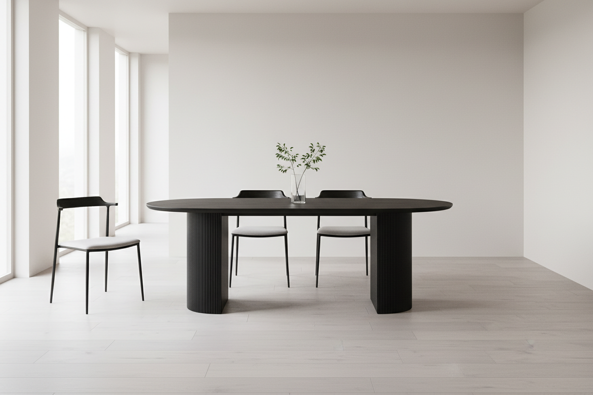 Table à manger ovale noire Lagosy dans une salle à manger moderne - plateau effet bois 3D
