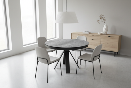 Table ronde céramique gris argenté en ambiance contemporaine