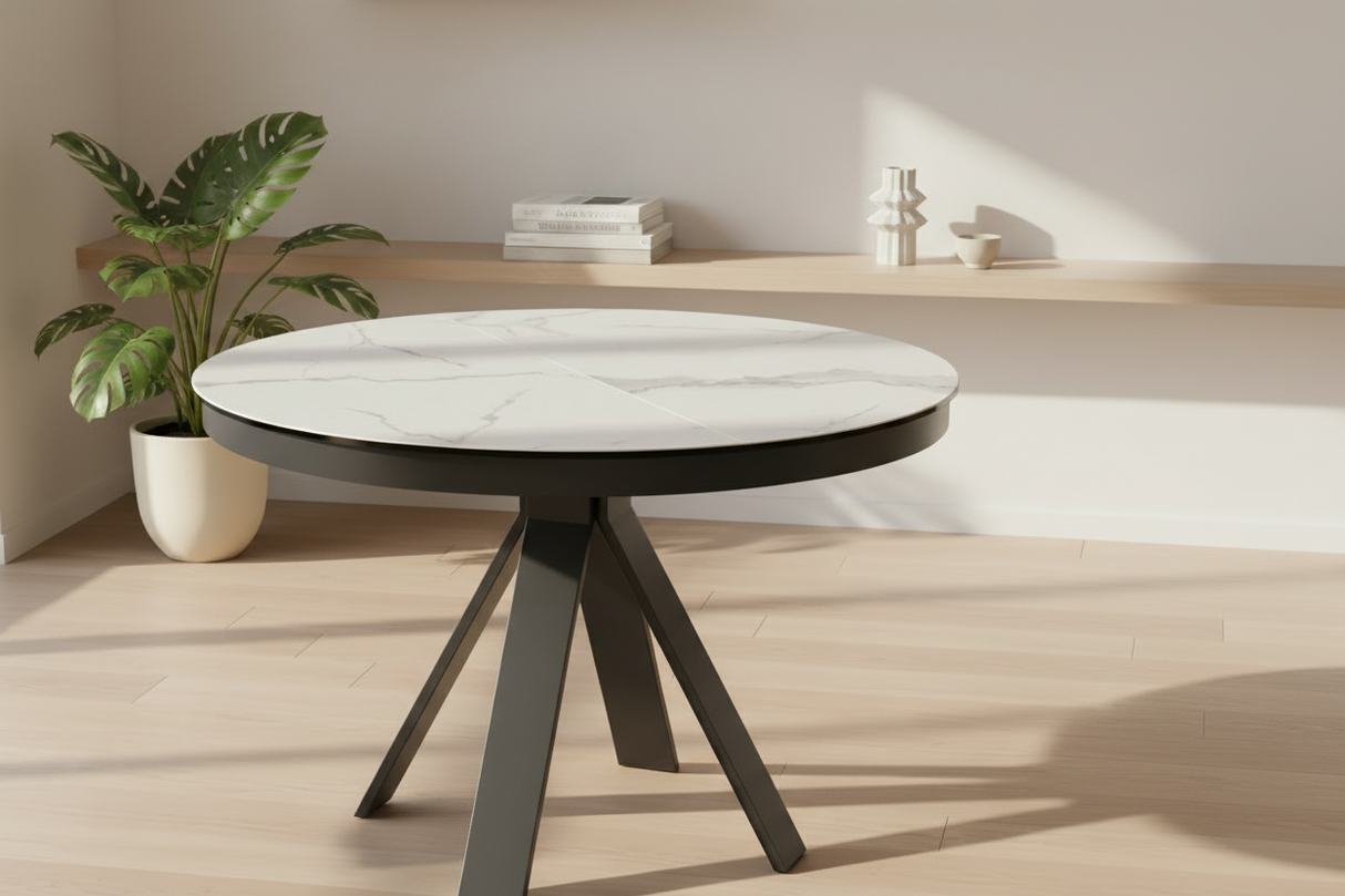Table ronde céramique effet marbre blanc mat - salle à manger contemporaine - akante
