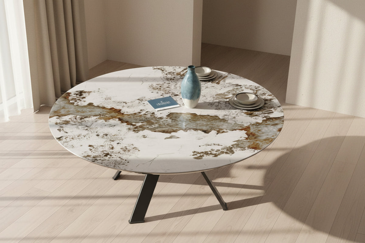 Table Austin Akante céramique marbre Calacatta extensible – vue showroom Souffle d’Intérieur Yerres