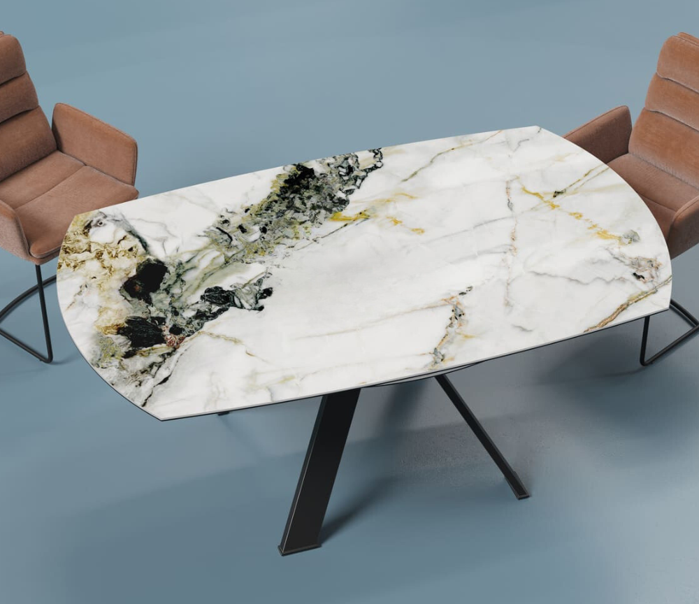 Table ronde céramique extensible marbre blanc pieds noir L 190cm - Austinelle