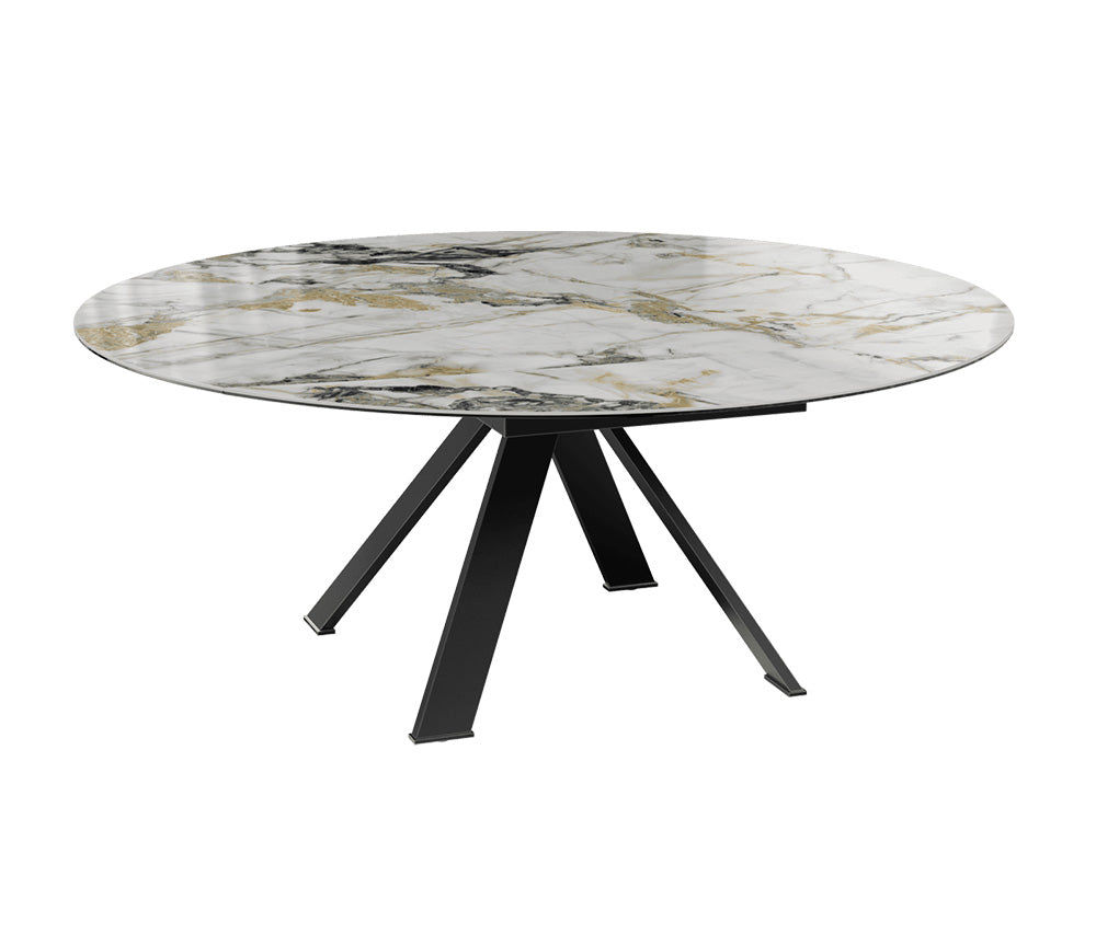 Table ronde céramique extensible marbre doro pieds métal noir  sur fond blanc ouverte sur le coté
 