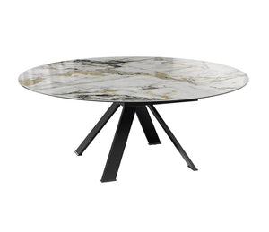 Table ronde céramique extensible marbre doro pieds métal noir  sur fond blanc ouverte sur le coté
 
