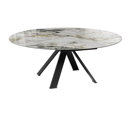 Table ronde céramique extensible marbre doro pieds métal noir  sur fond blanc ouverte sur le coté
 