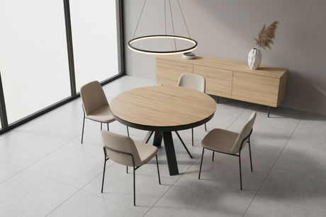 Table ronde chêne clair en ambiance contemporaine