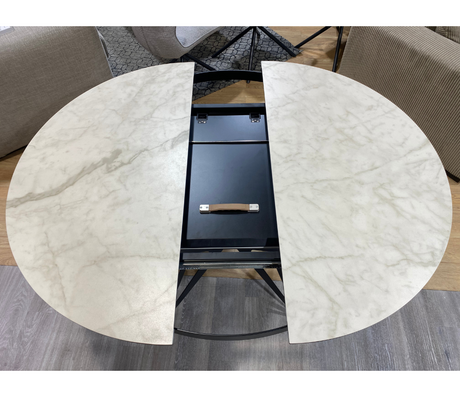 Table ronde ouverte extensible céramique marbre blanc mat pieds noir - Souffle d'intérieur