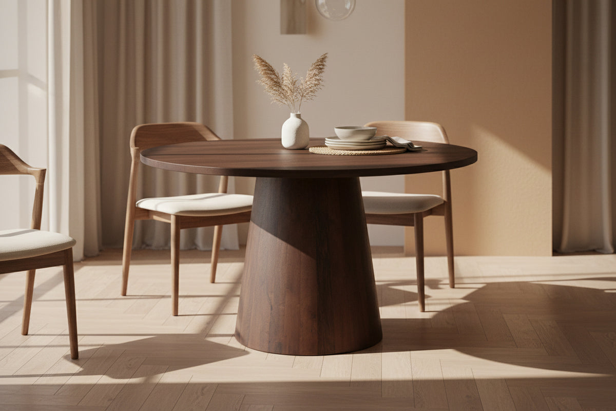 Table ronde de salle à manger en bois noyer - Souffle d'intérieur