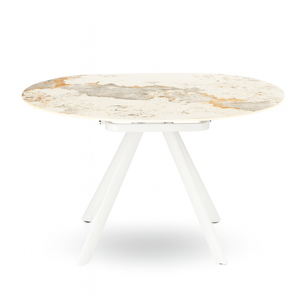 table a manger pieds métal blanc et plateau en céramique marbre sur fond blanc 