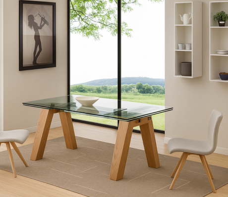 table en verre extensible en ambiance dans une salle a manger moderne aec deux chaises pieds bois