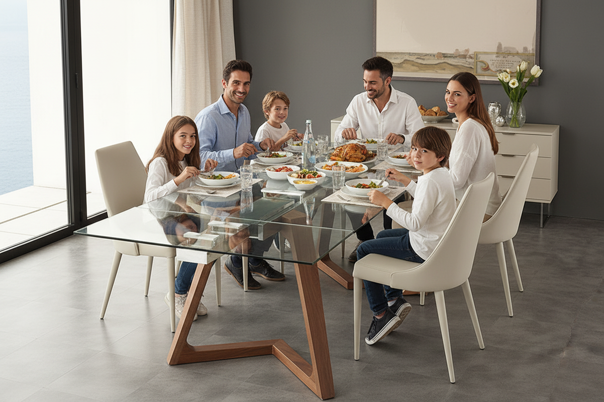 table en verre extensible avec pieds bois en ambiance