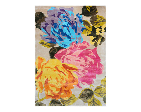Tapis salon motif fleurs bleu jaune et rose moderne - Souffle d'intérieur 