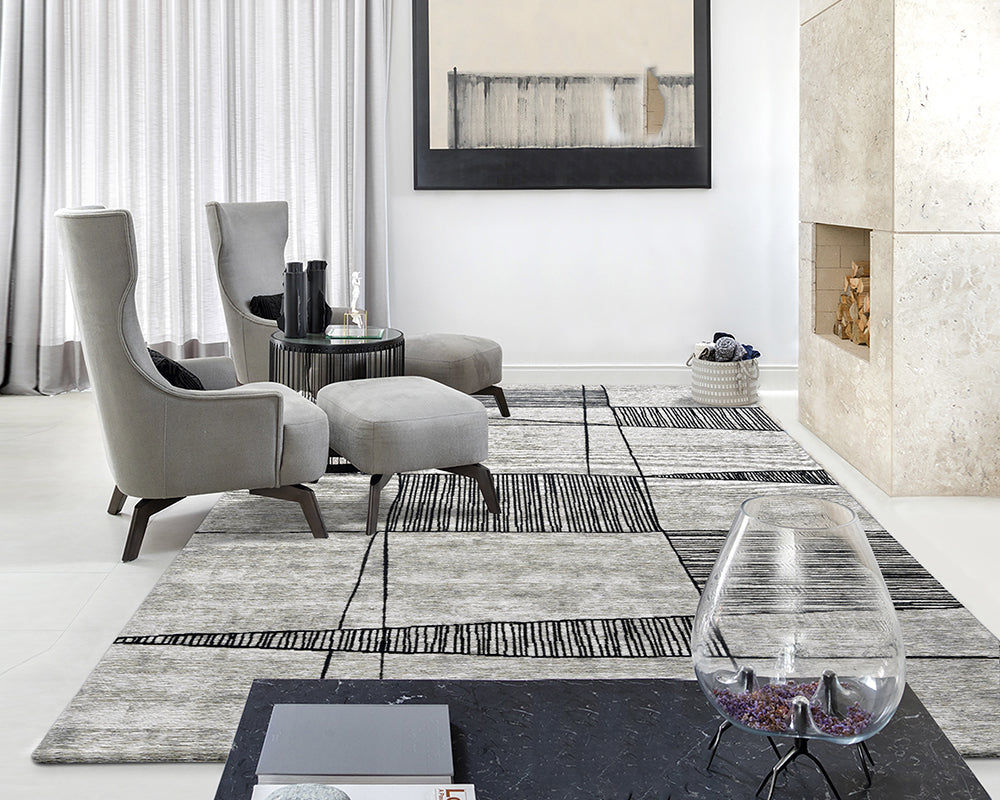Tapis salon gris clair avec ligne noire - Salgueiro rugs - Souffle d’Intérieur
