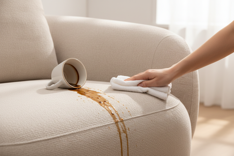 Traitement anti-tache canapé beige arrondi - nettoyage facile café