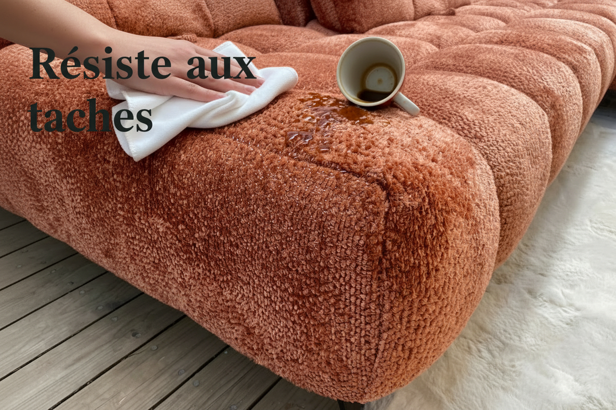 Traitement anti-tache canapé bouclé terracotta - nettoyage facile café