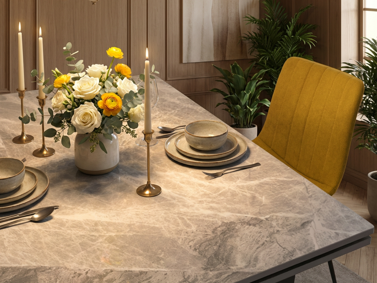 zomm du plateau d'une Table marbre céramique extensible avec rallonges - Souffle d'intérieur - Akante