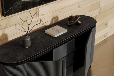 Zoom sur le plateau du buffet gris effet marbre