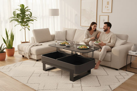 Table basse relevable Sidney – mécanisme d'ouverture du plateau céramique