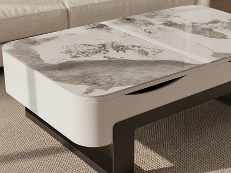 Table basse céramique relevable Sidney – plateau effet marbré, gros plan