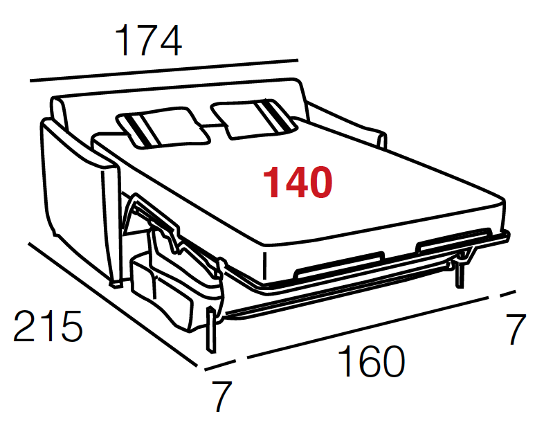Dessin du canapé rapido 140 convertible lit en tissu gris avec matelas ouvert - Souffle d'intérieur