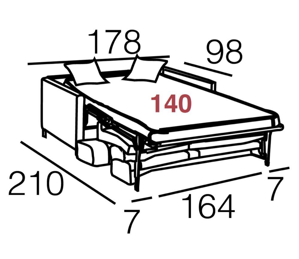 Canapé rapido convertible 140 lit tissu gris foncé en position ouverte avec dessin dimensions - Souffle d'intérieur