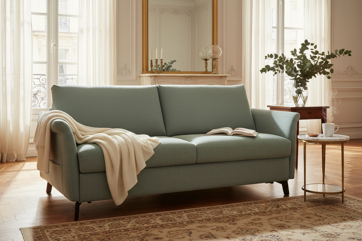 détail tissu bleu clair canapé convertible rapido Fannie finition premium