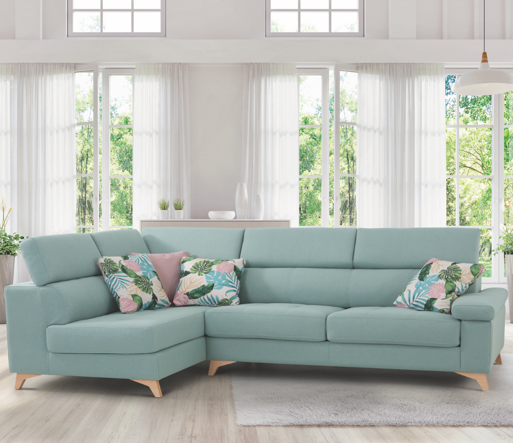 Canapé d'angle bleu en tissu moderne avec pieds bois - Pola-Canapés-SOUFFLE D’INTÉRIEUR