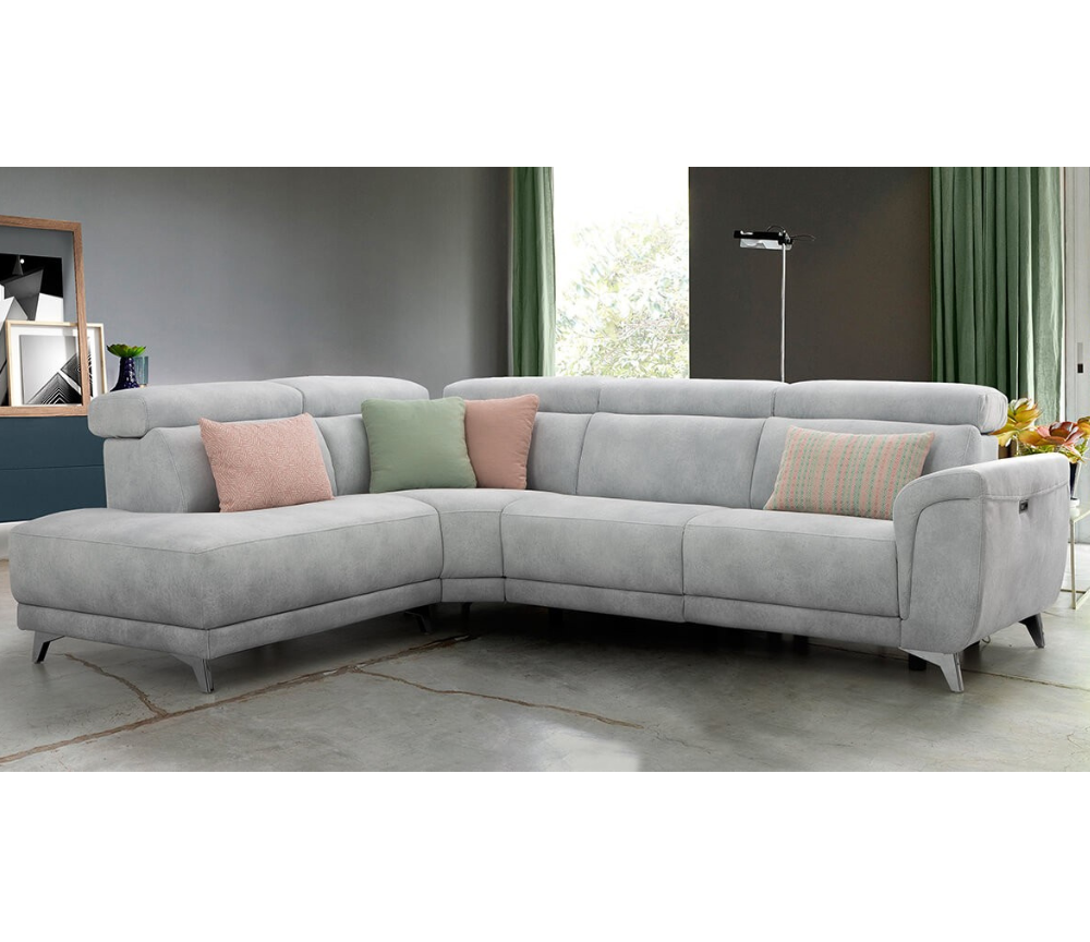 Canapé d'angle gris méridienne relaxation pieds chrome - Cassia