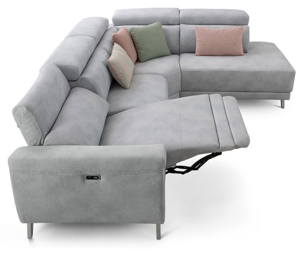 Canapé d'angle gris méridienne relaxation pieds chrome - Cassia