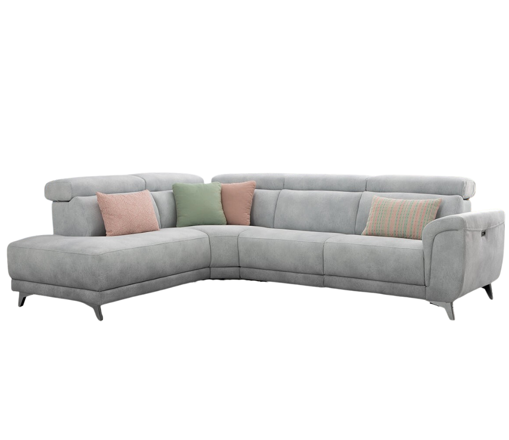 Canapé d'angle gris méridienne relaxation pieds chrome - Cassia