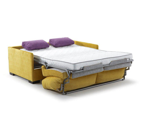 Canapé-lit jaune moutarde ouvert – couchage 140x195 cm – Souffle d’Intérieur