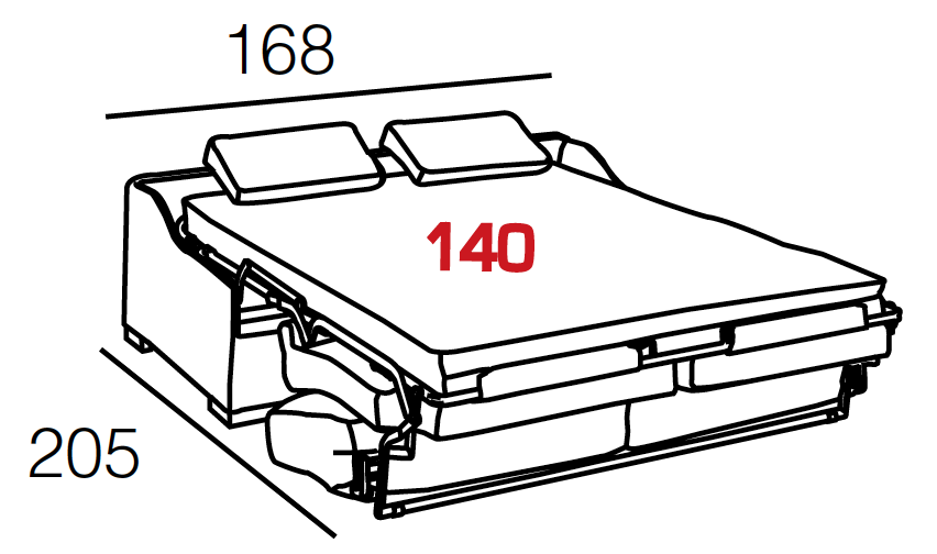 Dessin du canapé rapido convertible en position ouverte avec les dimensions