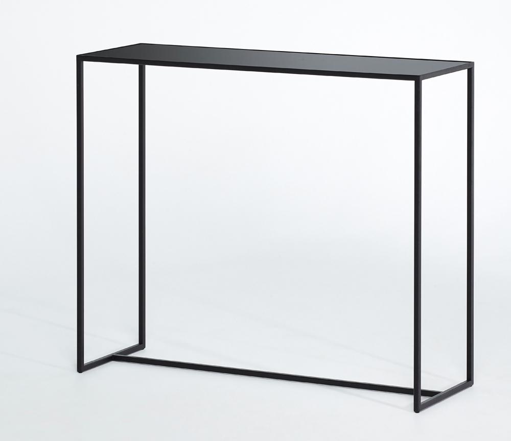Console d'entrée Mia – vue 3/4 – verre teinté noir et gris – pieds métal noir
