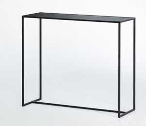 Console d'entrée Mia – vue 3/4 – verre teinté noir et gris – pieds métal noir