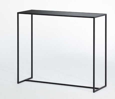Console d'entrée Mia – vue 3/4 – verre teinté noir et gris – pieds métal noir