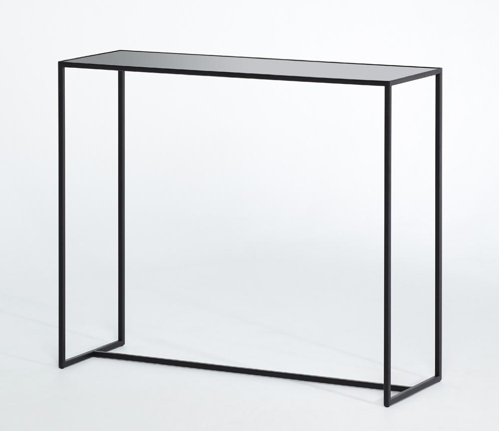 Console d'entrée contemporaine Mia – vue 3/4 – verre teinté noir et gris – pieds métal noir