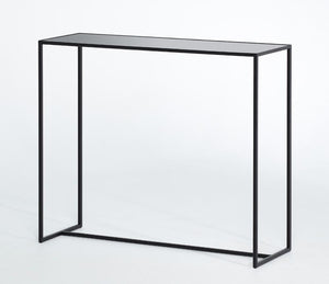 Console d'entrée contemporaine Mia – vue 3/4 – verre teinté noir et gris – pieds métal noir