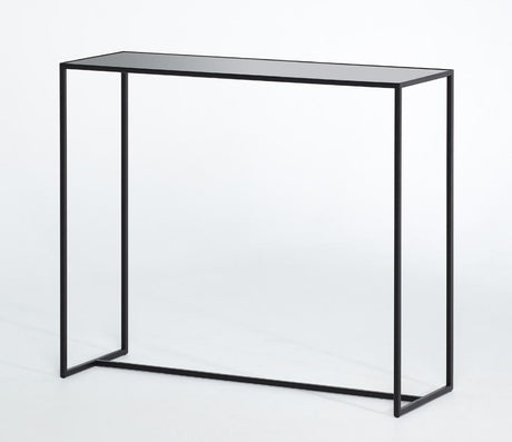 Console d'entrée contemporaine Mia – vue 3/4 – verre teinté noir et gris – pieds métal noir
